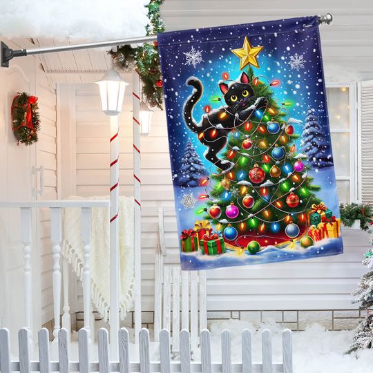 Funny Black Cat Christmas Tree Flag