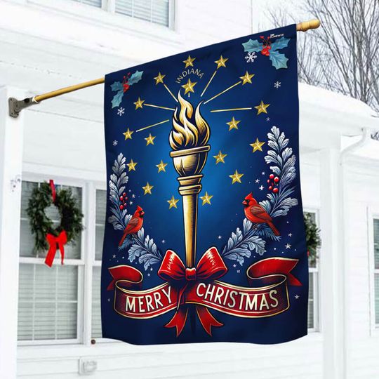 Indiana Merry Christmas Torch and Stars Flag