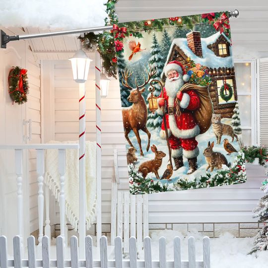 Merry Christmas Santa Claus With Gifts Sack  And Animals Winter Holiday Flag