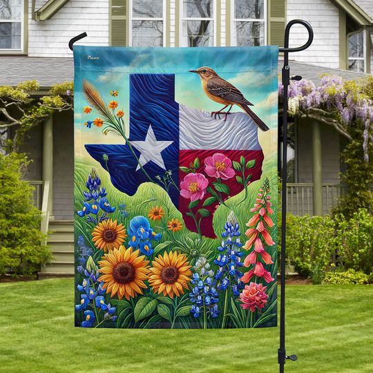 Texas with Northern Mockingbird and Bluebonnet Flag