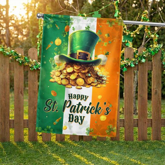 Happy St. Patrick's Day Flag, Shamrock Hat with Lucky Clover US Flag