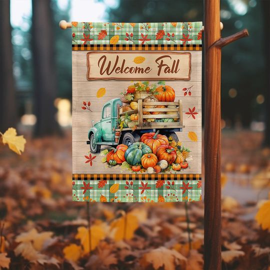 Welcome Fall Pumpkins Harvest Truck Thanksgiving Flag