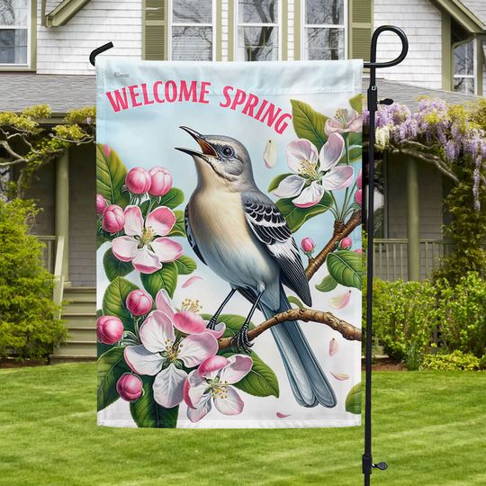 FLAGWIX Arkansas Welcome Spring Northern Mockingbird and Apple Blossoms Flag