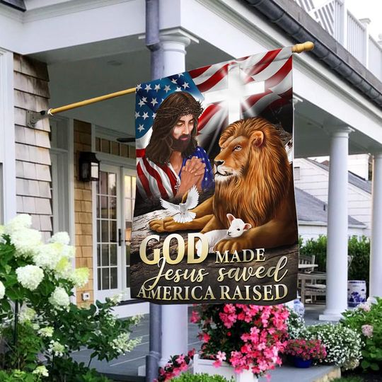 Jesus Christian Lion and Lamb God Made Jesus Saved America Raised Flag