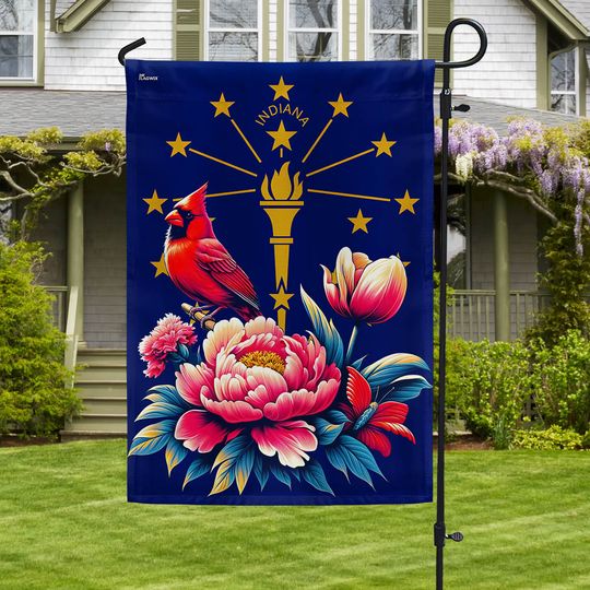 FLAGWIX Indiana State Cardinal and Peony Flower Flag