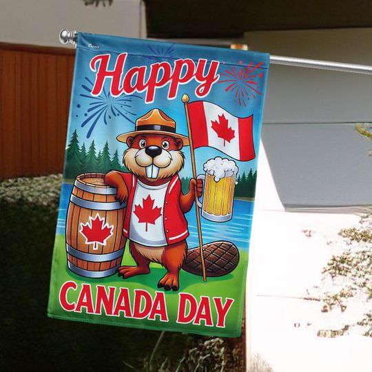 Canada Day Funny Beaver Drinking Beer Flag