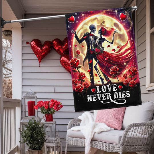 Skeleton Couple Valentine Day Love Never Dies Flag