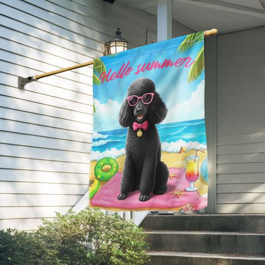 Black Poodle Summer Garden Flag in Beach Theme for Dog Lovers