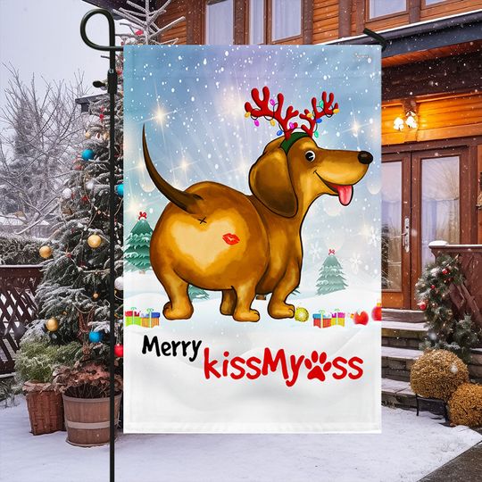 Funny Dachshund Christmas Merry KissMyAss Flag