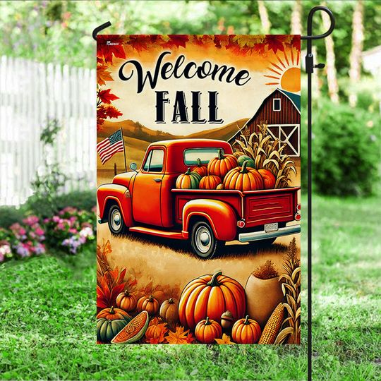 Fall Truck Welcome Fall Pumpkins Harvest Thanksgiving Flag
