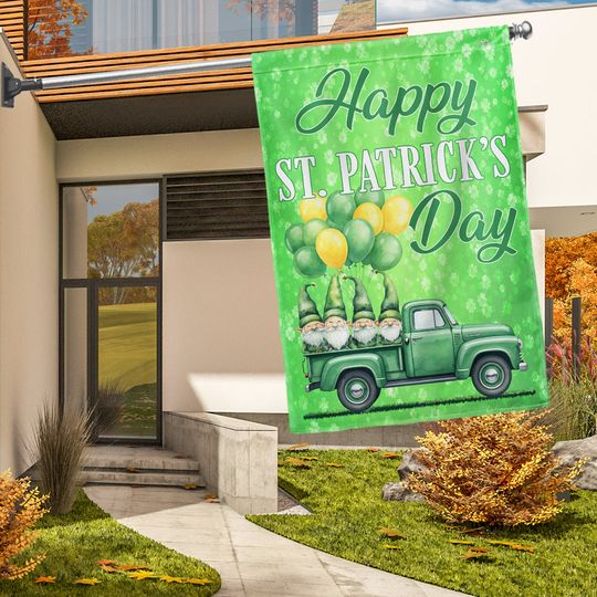 Happy St. Patrick’s Day Green Truck with Gnomes Shamrocks Flag