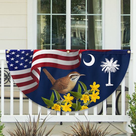 South Carolina Yellow Jessamine Flower and Carolina Wren Bird Non-Pleated Fan Flag 3-Day Shipping
