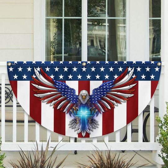 Flagwix American Flag - Patriotic Eagle with Christian Cross American Non-Pleated Fan Flag TPT1700FLv1
