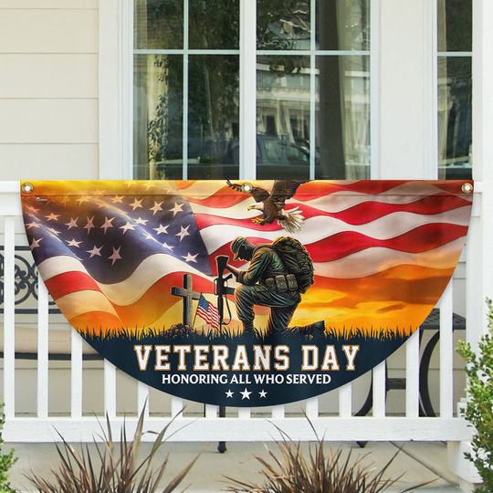 Veterans Day Honoring All Who Served Kneeling Soldier Non-Pleated Fan Flag