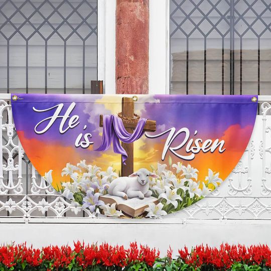 Easter He Is Risen Christian Cross Lamb Non-Pleated Fan Flag