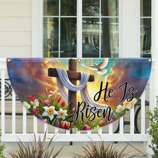 Christian Cross Easter Day He Is Risen Non-Pleated Fan Flag