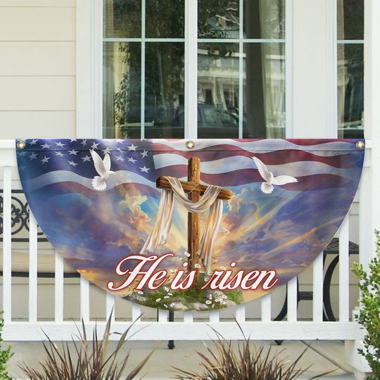 Christian Cross He Is Risen, Easter Day Christian Non-Pleated Fan Flag