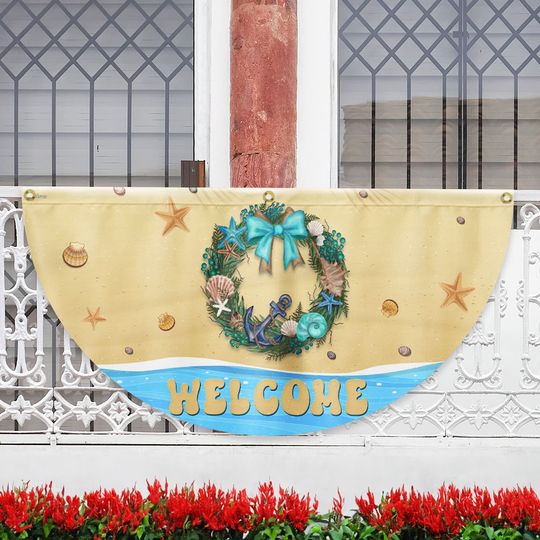 Welcome Summer Flag Coastal Beach Wreath Non-Pleated Fan Flag