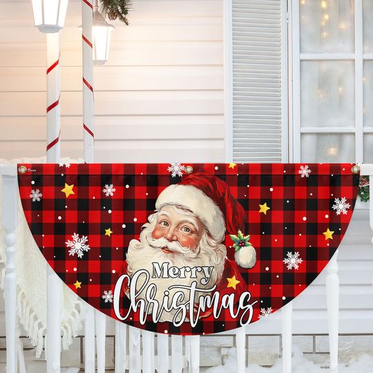 Santa Claus Merry Christmas Plaid Non-Pleated Fan Flag
