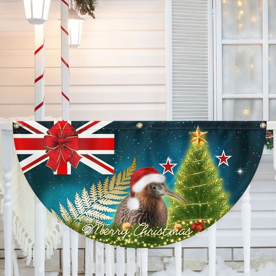 New Zealand Christmas Kiwi Bird and Fern Non-Pleated Fan Flag