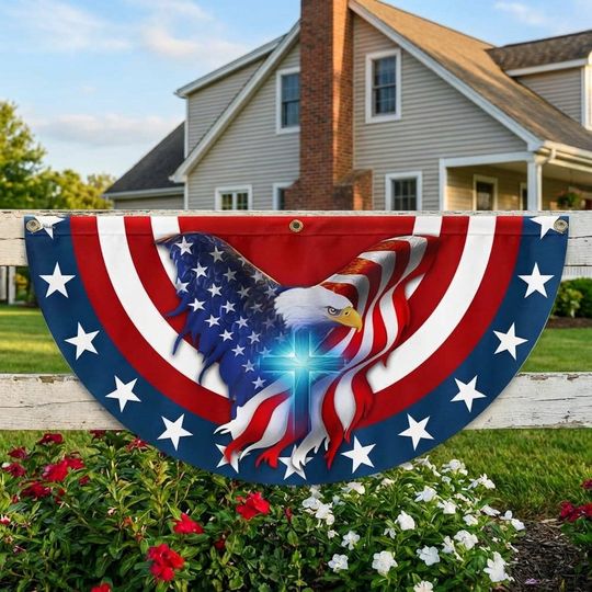 Patriot Eagle Christian Cross Non-Pleated Fan Flag 3-Day Shipping