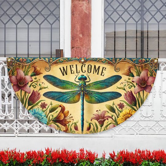 Dragonfly Welcome Non-Pleated Fan Flag for Outdoor Home Decor