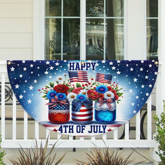 Independence Day Patriotic Flowers 4th Of july Floral Non-Pleated Fan Flag
