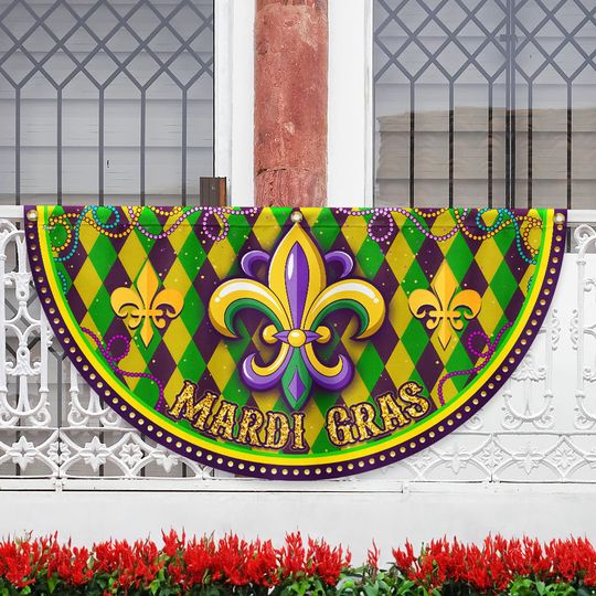 Happy Mardi Gras Fleur De Lis Non-Pleated Fan Flag