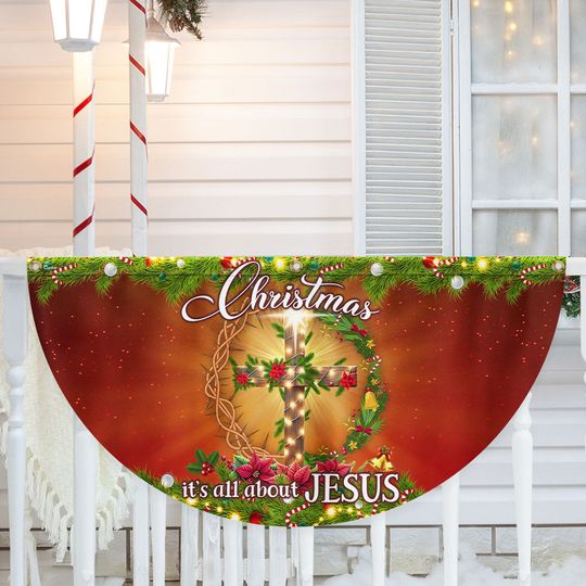 Christmas  It's All About Jesus Christian Cross Non-Pleated Fan Flag