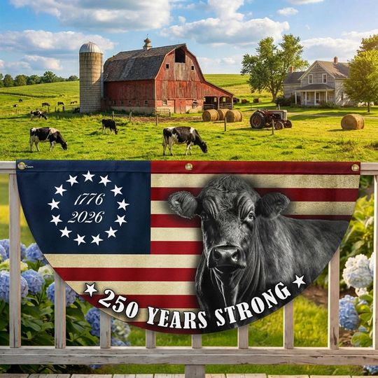Black Angus Cattle American Flag, 250 Years Strong Cow Farmer Fan Flag