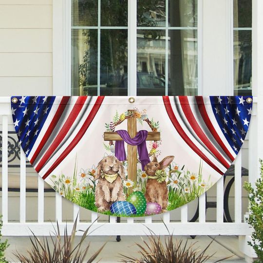 Happy Easter, Christian Cross, Bunny Easter Non-Pleated Fan Flag