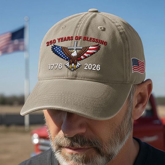 250 Years of Blessing Washed Cap, 1776 2026 Eagle Cross Embroidered Cap