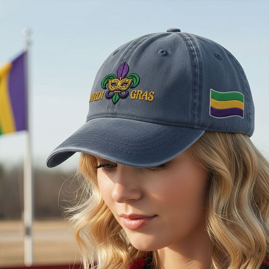 Fleur De Lis Washed Cap, Mardi Gras Fleur de Lis Embroidered Cap