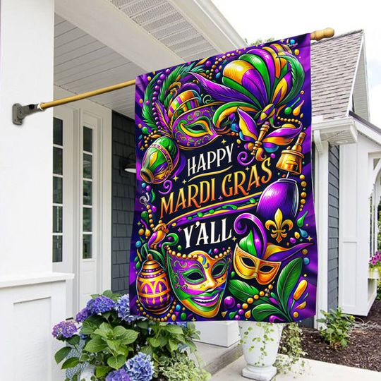 FLAGWIX  Happy Mardi Gras Y'all Masquerade Beads Flag
