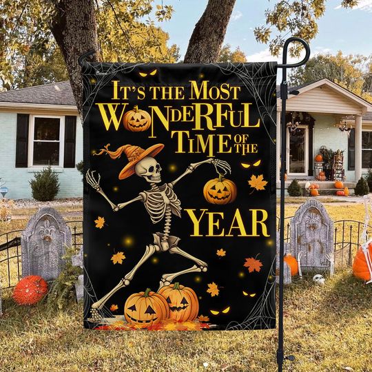 Halloween Skeleton Dancing Pumpkins It's The Most Wonderful Time Of The Year Flag