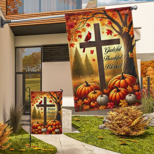 Fall Jesus Cross Grateful Thankful Blessed Thanksgiving Halloween Cardinal Flag