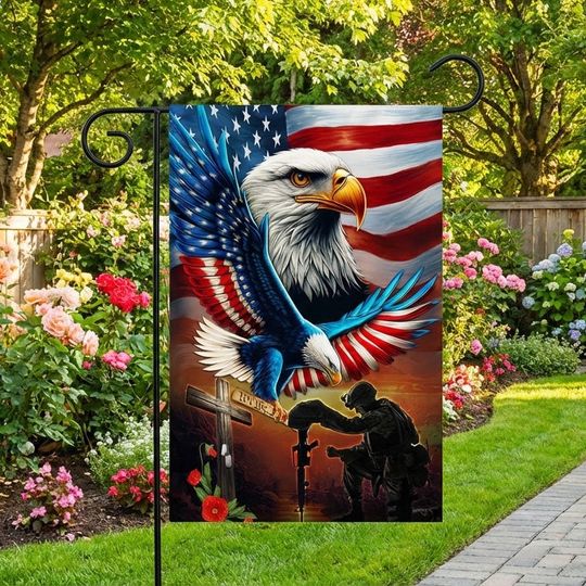 Veterans Day Flag. Veteran Kneeling Soldier Christian Cross We The People Flag