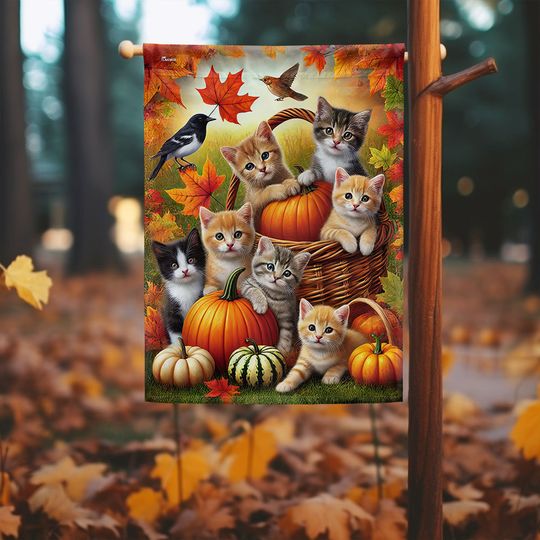 Cat Fall Pumpkins Flag