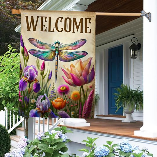 Welcome Spring Dragonfly Flowers Flag for Outdoor Home Decor, Floral Design