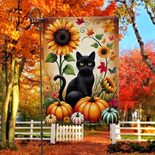 Black Cat Fall Sunflower Thanksgiving Flag