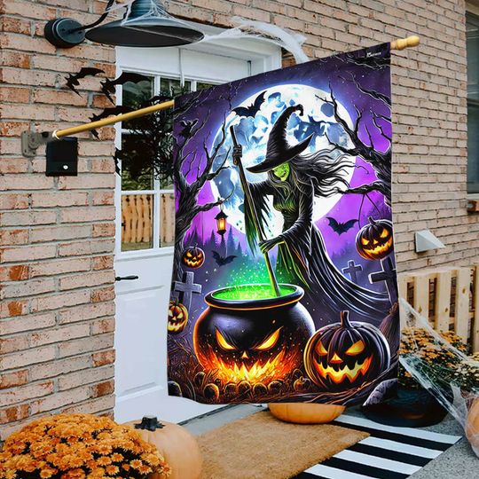 Halloween Spooky Witch Cooking Poison In Cauldron Flag