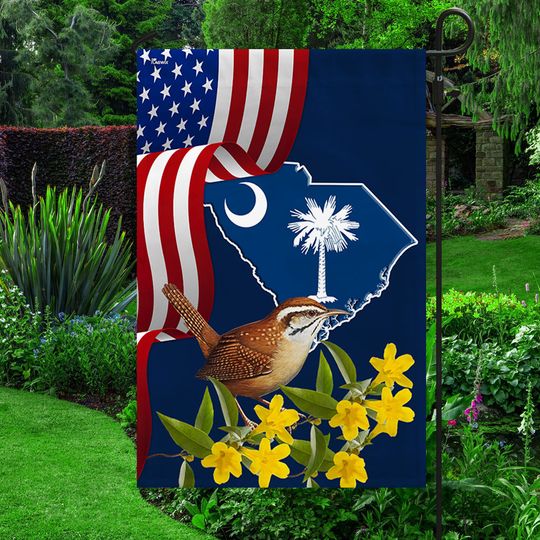 South Carolina State Yellow Jessamine Flower and Carolina Wren Bird Flag