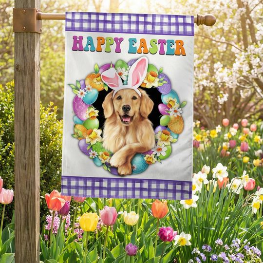 Golden Retriever Dog Happy Easter Flag, Double Side Pet Flag