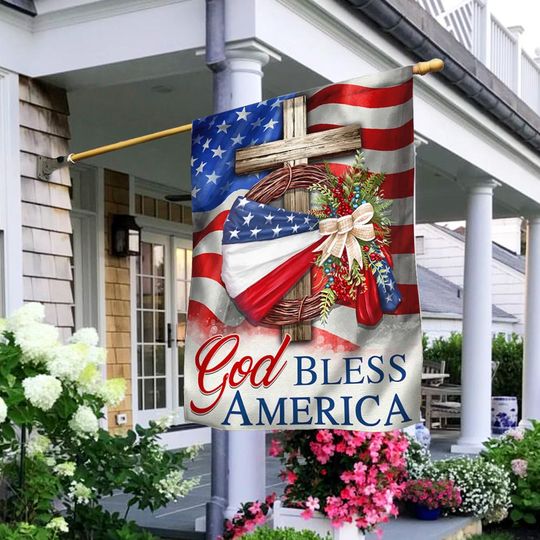 Flagwix American Flag - God Bless America American Wreath Patriot Christian Cross Flag