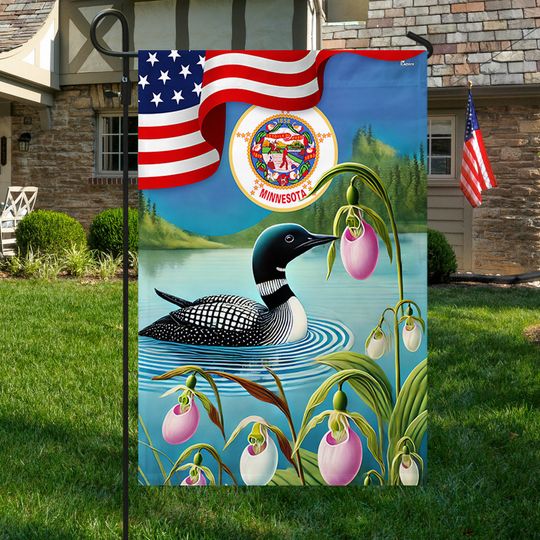Minnesota State Lady's Slipper Flower and Loon American Flag