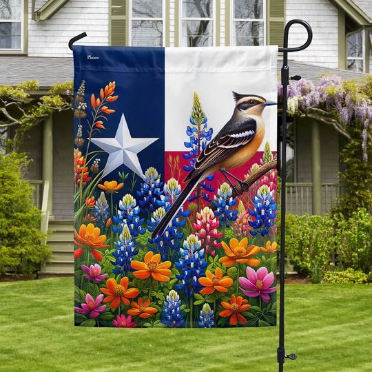 FLAGWIX Spring in Texas with Native Bird and Bluebonnets and Texas Indian Paintbrushes Flag