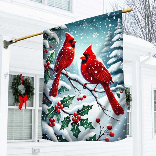 Cardinal Bird Christmas Flag