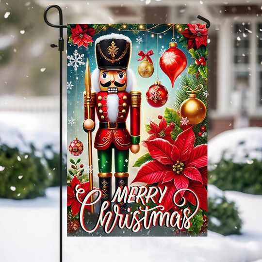 Merry Christmas Nutcracker Poinsettia Flag