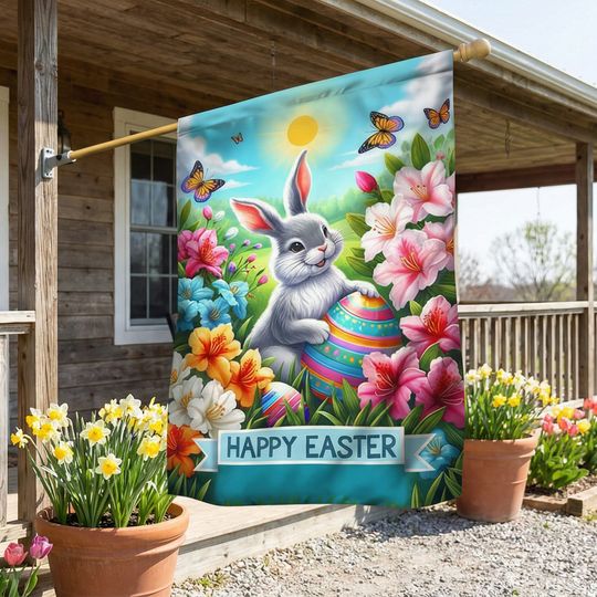 Happy Easter Bunny Flag, Double size printed, canvas Flag