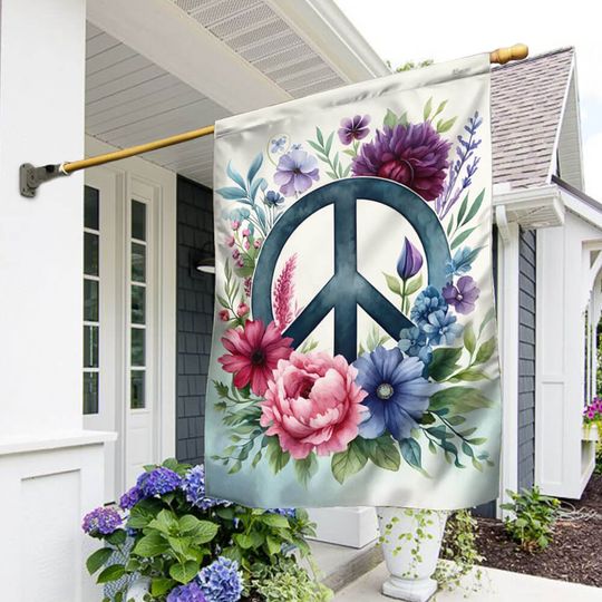 Hippie Peace Love Happiness Floral Peace Sign Flag